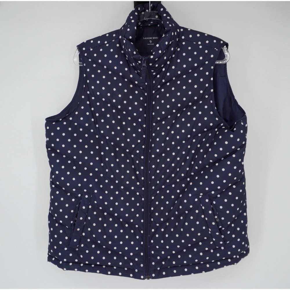 Lands' End Womens XL 18 Down Full Zip Puffer Vest Navy White Polka Dot Winter